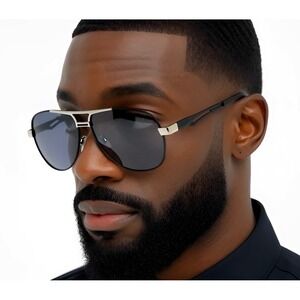 Men's Black Aviator Sunglasses with Silver Accents